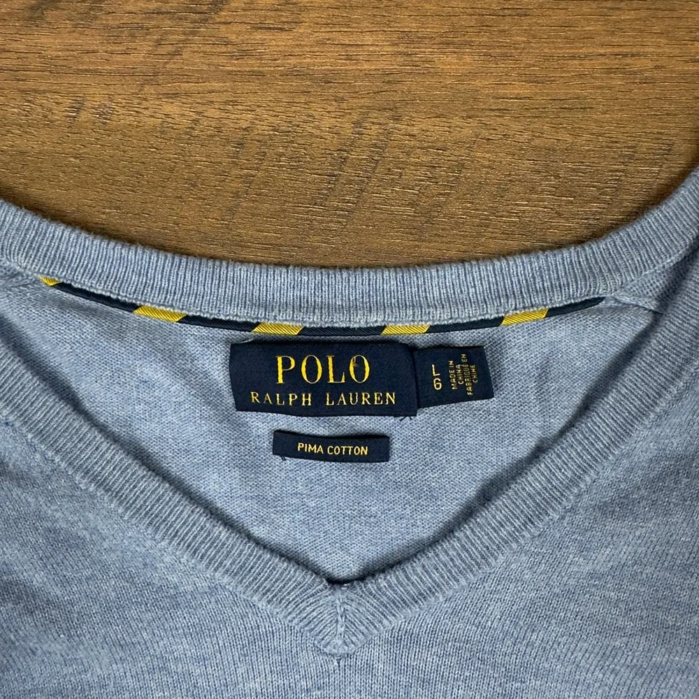 Polo Ralph Lauren Mens‎ Large Light Blue Pima Cotton V-Neck Sweater Pony Logo